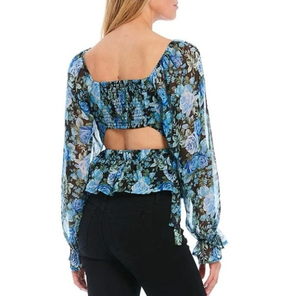 NWT WAYF Blue Rose Open Back Smocked Peplum Blouse - Picture 3 of 12